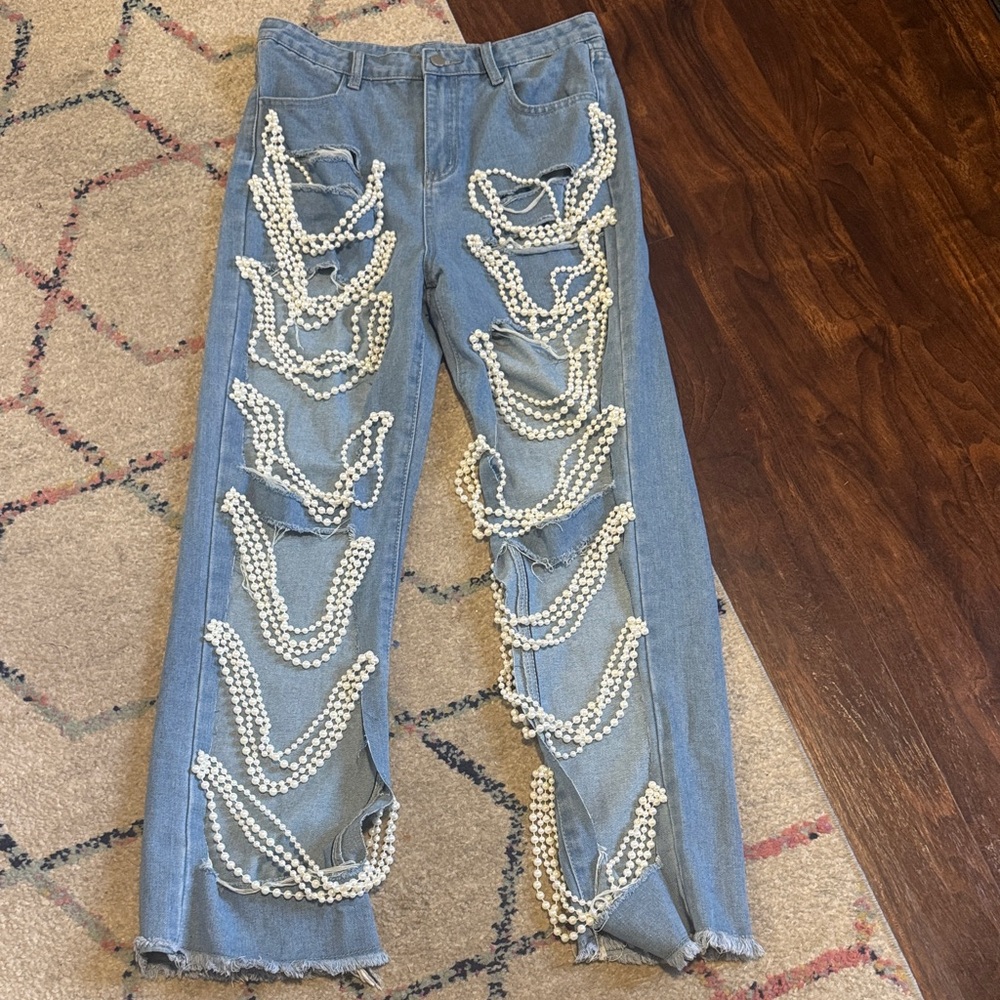 Pearl Embellished Blue Jeans sz XL
